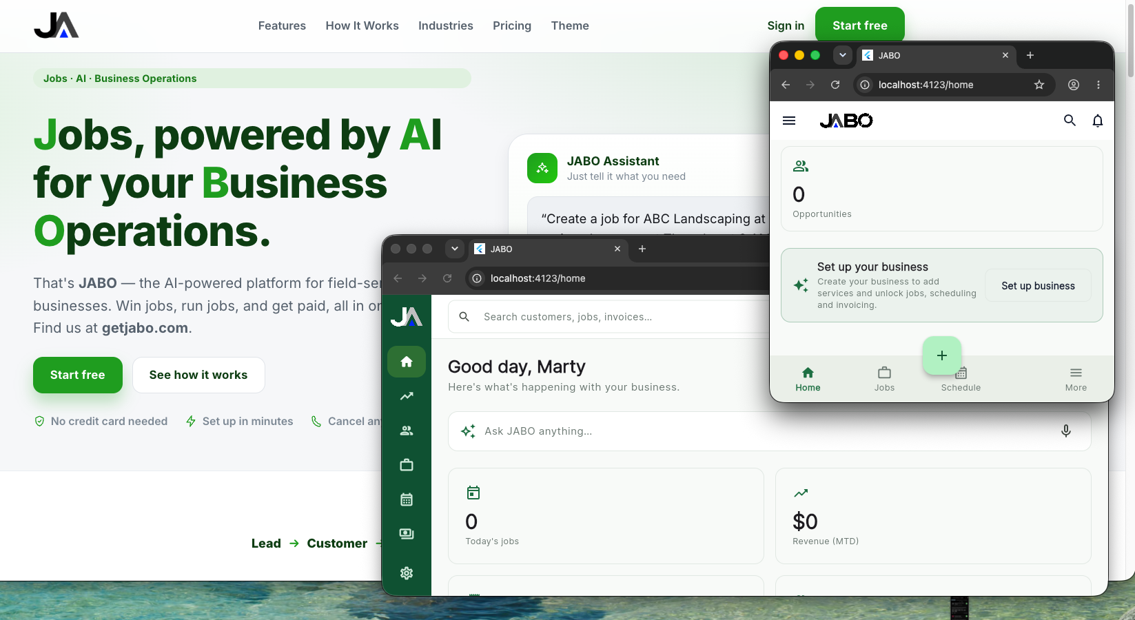JABO field-service operations platform shown on desktop and mobile