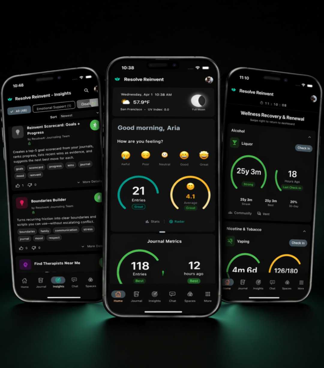 Resolve Reinvent app shown on mobile devices — Flutter cross-platform wellness application